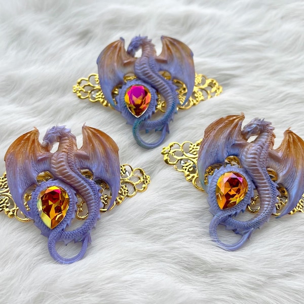 Mystical Dragon Hair Barrette Renaissance Hair Dragon Clip Purple Gold Crystal Dragon Lover Gift Dungeons and Dragons Gift For Her