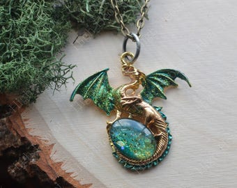 Sea Monster Inspired Dragon Necklace Dragon Jewelry Gold Dragon Fantasy Pendants Green Dragon Pendant Dungeons and Dragons Lover Gift