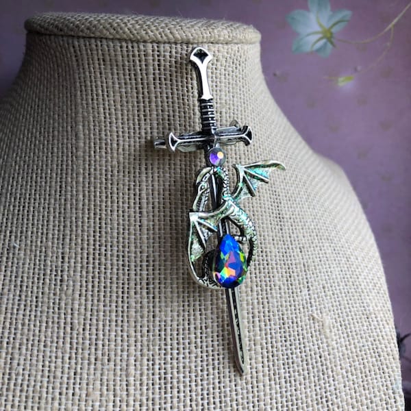 Opal Dragon Brooch Dragon Sword Pin Dungeons and Dragons Lover Gift Dragon Kilt Pin Dragon Gift Fantasy Jewelry