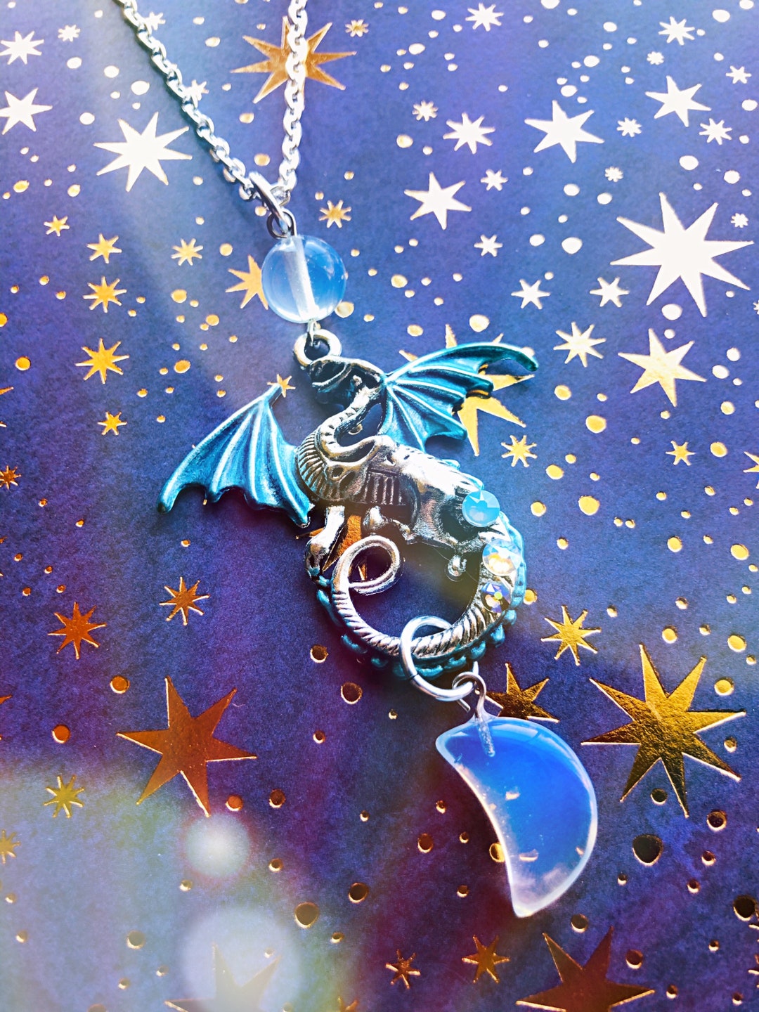 Opalite Dragon Necklace: Moonstone Moon Pendant, Fantasy Jewelry