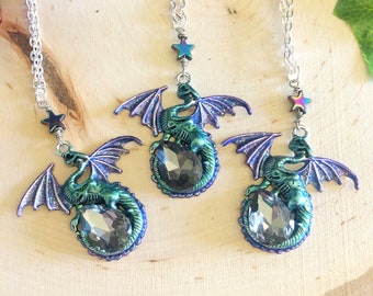 Dark Crystal Dragon Pendant Necklace: Celestial Fantasy Jewelry