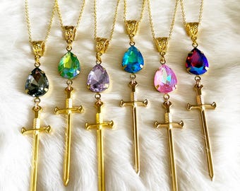 Gold Sword Necklace: Crystal Fantasy Pendant, Knightcore Jewelry