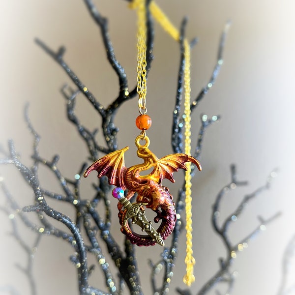Fire Dragon Pendant • Hand Painted, Sword & Red Crystal on Gold Chain