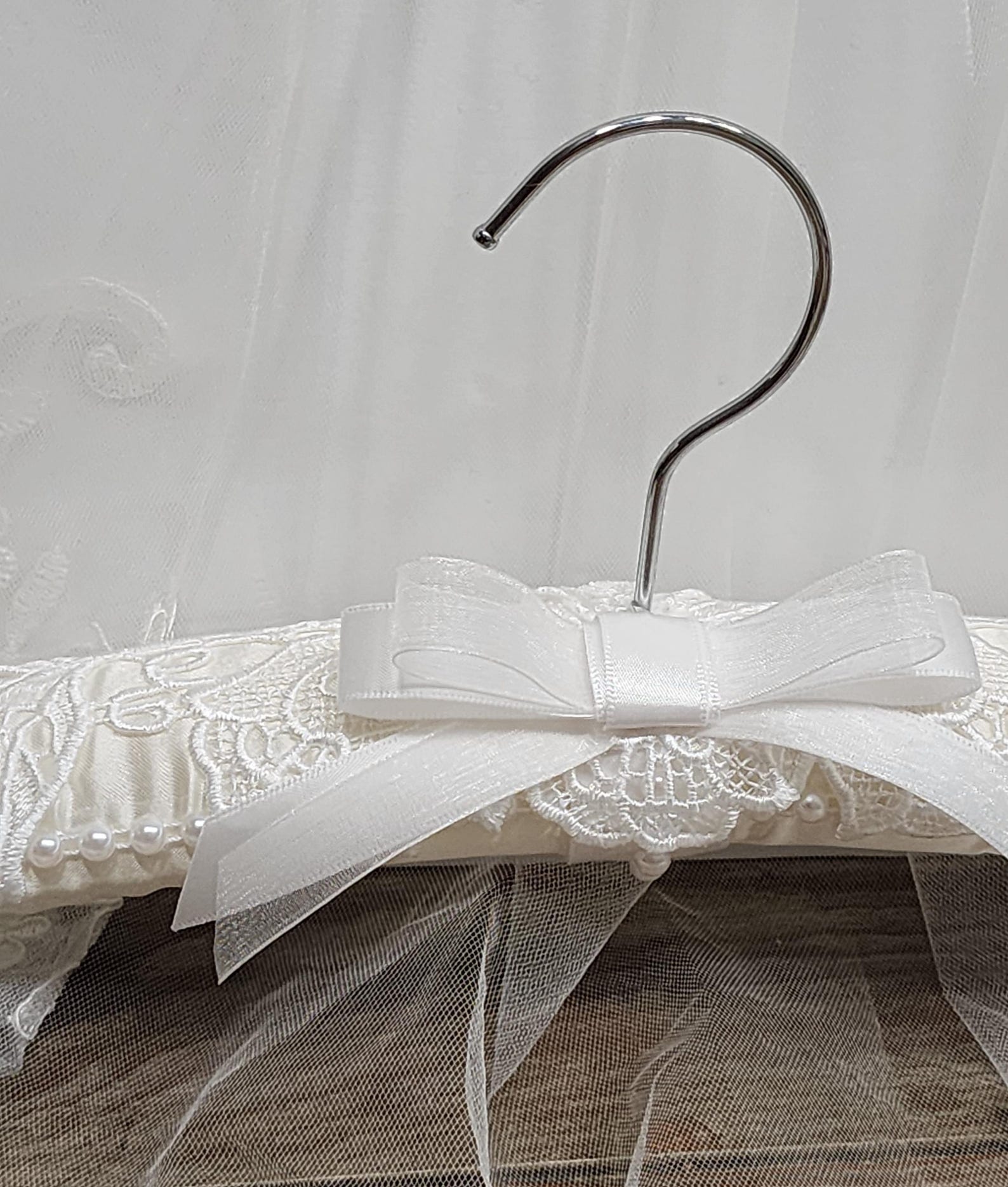 Ivory Wedding Dress Hanger: Satin Bow, Lace Applique, Brides Gift - White