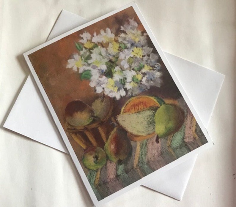 Card with Print of my Original Art Melon, Pears and White Fleurs is a blank 5 x 6.5 all-occasion notecard with Envelope. image 1