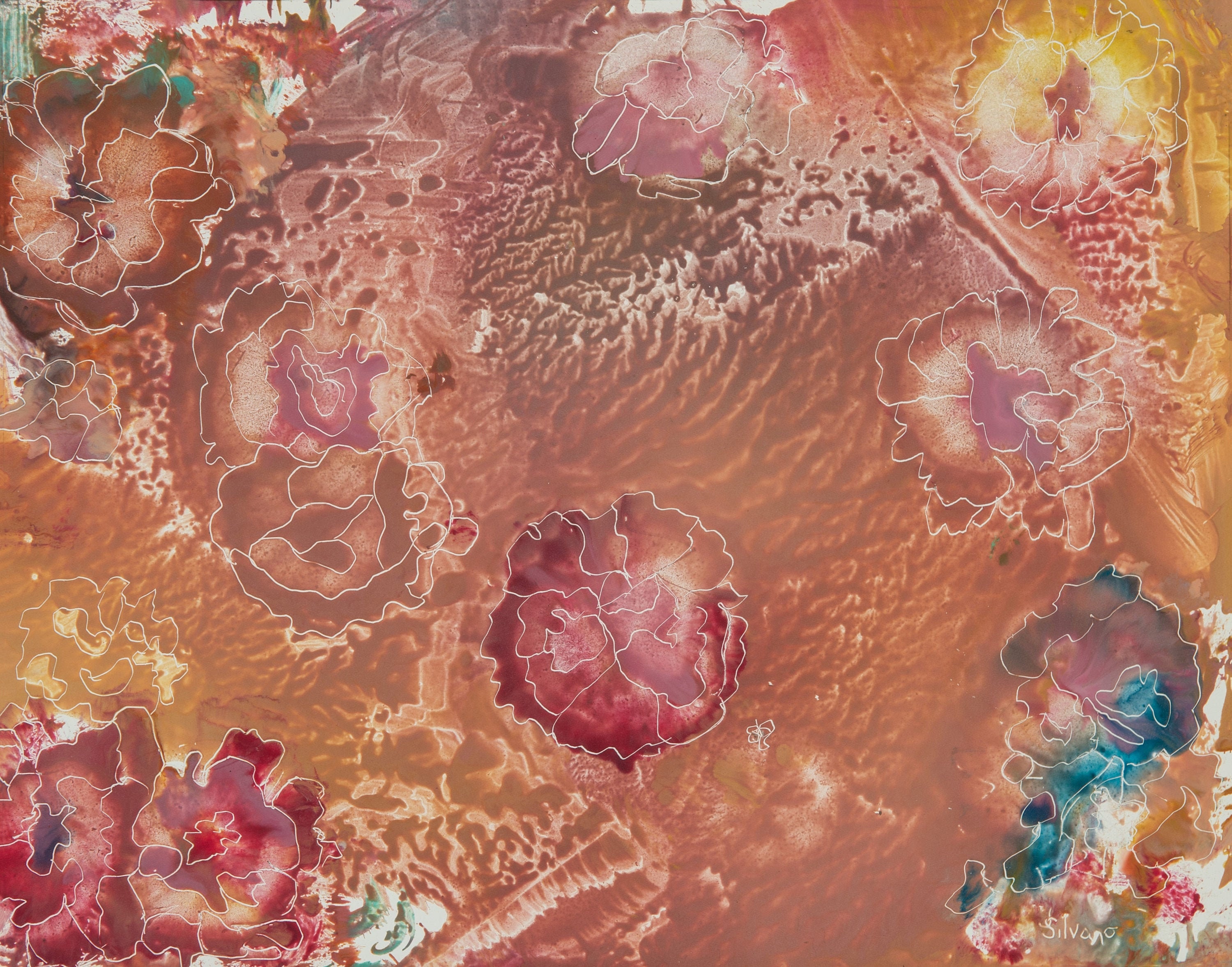 Original Encaustic Painting "Floating Flowers" 14"w x 11"h in Gold Wood Frame. This ancient technique of melting Wax, cooling and etching.