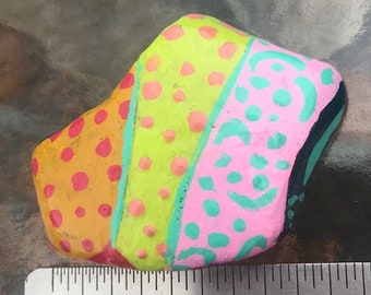 Joyful Painted Rock #5 by Judi, 2.5"long x 2"deep x .5"high, Acrylic Paints & Clear Acrylic Coating to protect the colors.