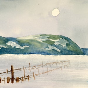 May include: A watercolor painting of a snowy landscape with a distant mountain range, a fence in the foreground, and a white circle representing the sun in the sky.