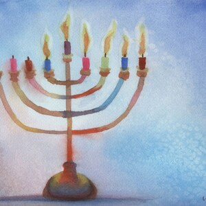 Original Watercolor Painting - "Hannukah Menorah with 5th Night Candles",  measures 12"w x 9"h, ships in blue barn wood frame.