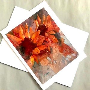 Cartão comemorativo com impressão da minha pintura original em aquarela "Girassóis" tem 13,7 x 16,5 cm, interior em branco e vem com um envelope.