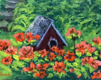 Original Acrylic Painting called Birdhouse in Azalea, Acrylic, measures 5"h x 7"w, stainless silver metal frame.