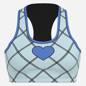 May include: Light blue sports bra with a black racerback design. The bra features a blue heart in the center and a black and white diamond pattern. The edges are trimmed with a darker blue.