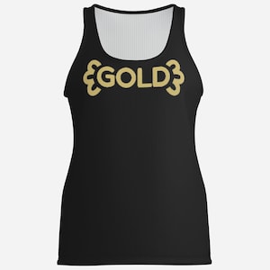 May include: Black vest top with the word "GOLD" in gold lettering. The word is designed to look like a dog bone. The vest top has a mesh back.