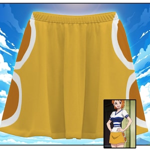 May include: A mustard yellow skirt featuring a white curved border and a brown circular accent on each side. The skirt has an elastic waistband and a flared silhouette. An inset shows an animated character wearing the same skirt with a white top.