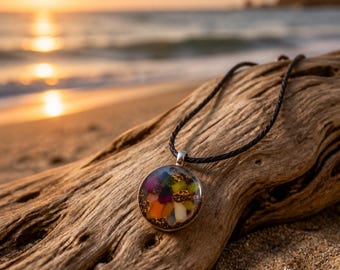 Pendant Necklace Whimsical Handmade Multi Colored Mosaic under resin NEC125