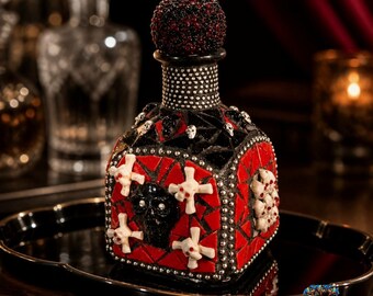 Black and Red Skull Handmade Mosaic Bottle - W221