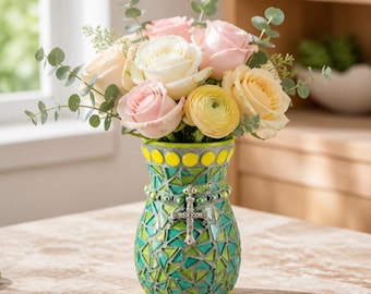 Green and teal Glass Tile Mosaic Vase  Handmade by the Artist VA115