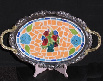 Mosaic Flower Bouquet Silver Tray Handmade for your Home - TR101