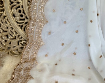 White Creamy Chinon Silk Scallop Sequin Dupatta: Indian Scarf with Golden Beads