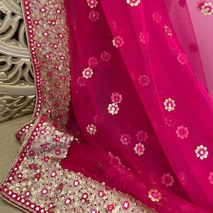 Magenta Rani Pink| Siatka Duppattas Broad Sequin cluster faux mirror work border Scarf Chunni Chunri Odhni Weddings| Wyprzedaż| Darmowa wysyłka