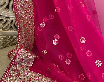 Magenta Rani Pink| Net Duppattas Broad Sequin cluster faux mirror work border Scarf Chunni Chunri Odhni Weddings| Clearance| Free Shipping