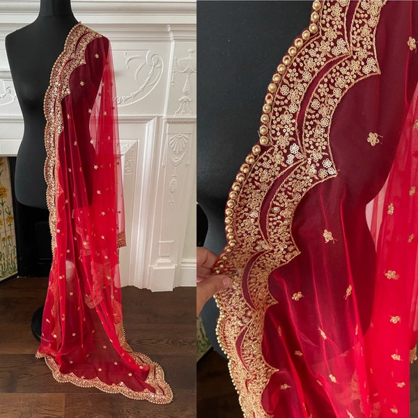 Red Net Duppatta scallop Sequin border Scarf Chunni Chunri Odhni Eid Outfit update Salwar Kameez Lehengas Second Dupatta