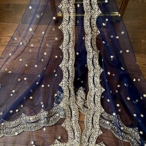 Navy - Blackish Blue| Net Duppattas scallop Sequin Golden beads border Scarf Chunni Chunri