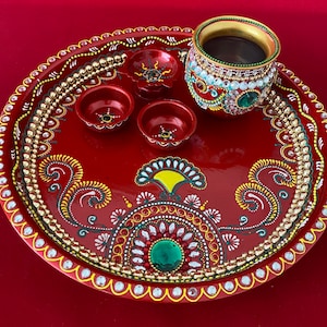 Beautiful Handpainted Thaal/Thali with Kalash Diya Roli Tikka Bowls Karwa chauth Karva Chauth Teej Diwali Arti Thal Pooja Prayer Room House-