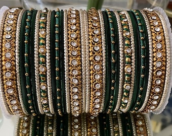 Dark Green Bangle Stack for two hands| Thread Diamante Bangles Jewellery Bridal Bangle Stack Wedding| Indian Jewellery
