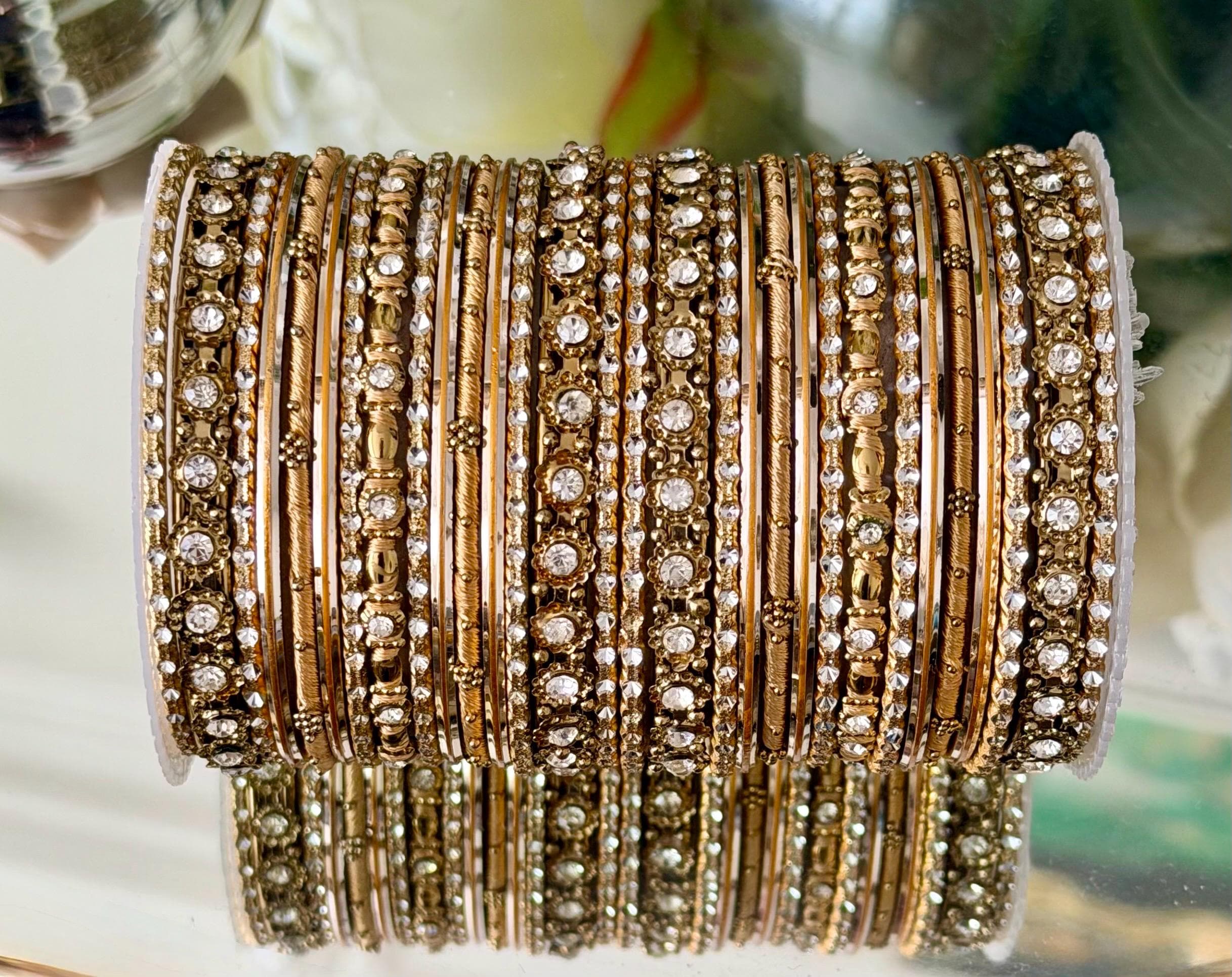 Golden Cream Bangle Stack for Two Hands| Thread Diamante Bangles ...