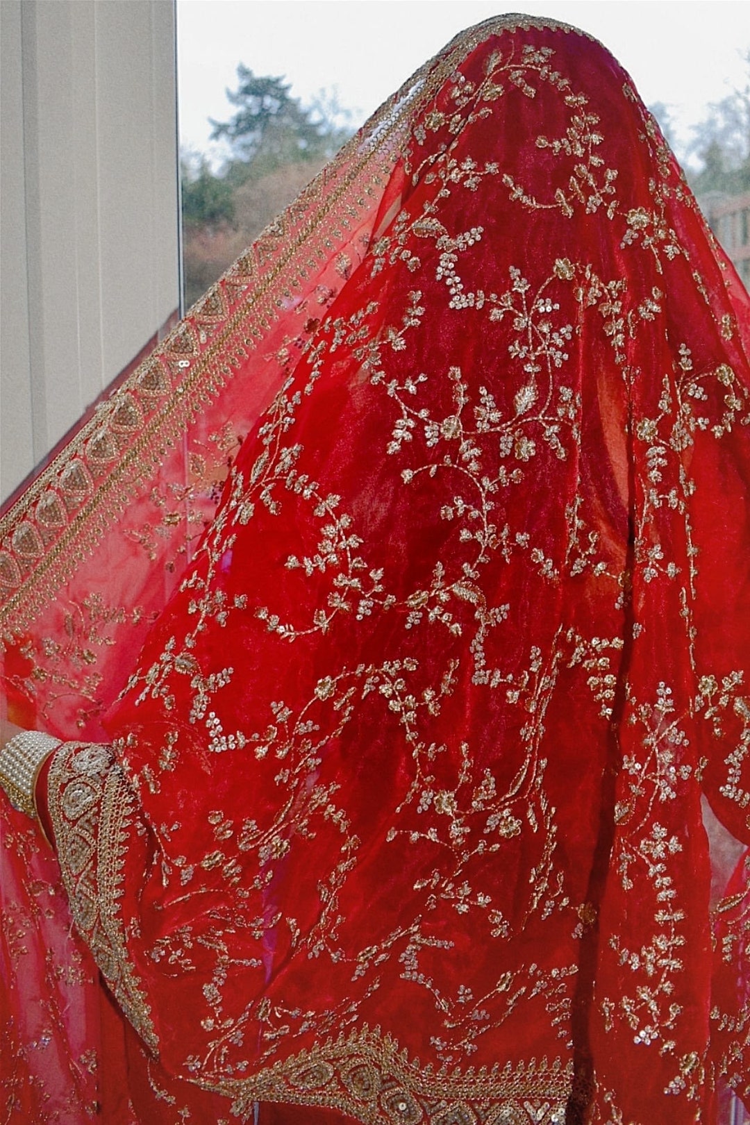 Red | Organza Dupatta Zari Embroidered Border Scarf Chunni Chunri Odhni ...