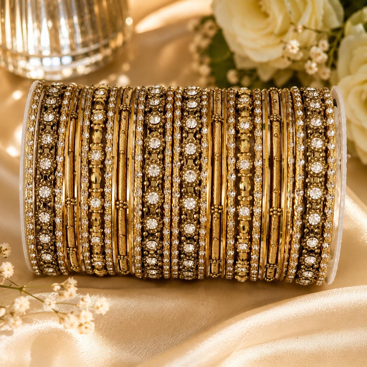 Golden Cream Bangle Stack for Two Hands| Thread Diamante Bangles ...