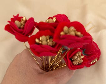 12 x Röda blommiga hårknutspännen perfekta för styling av burlesk Carmenblommaros Flamencodansare Pin up