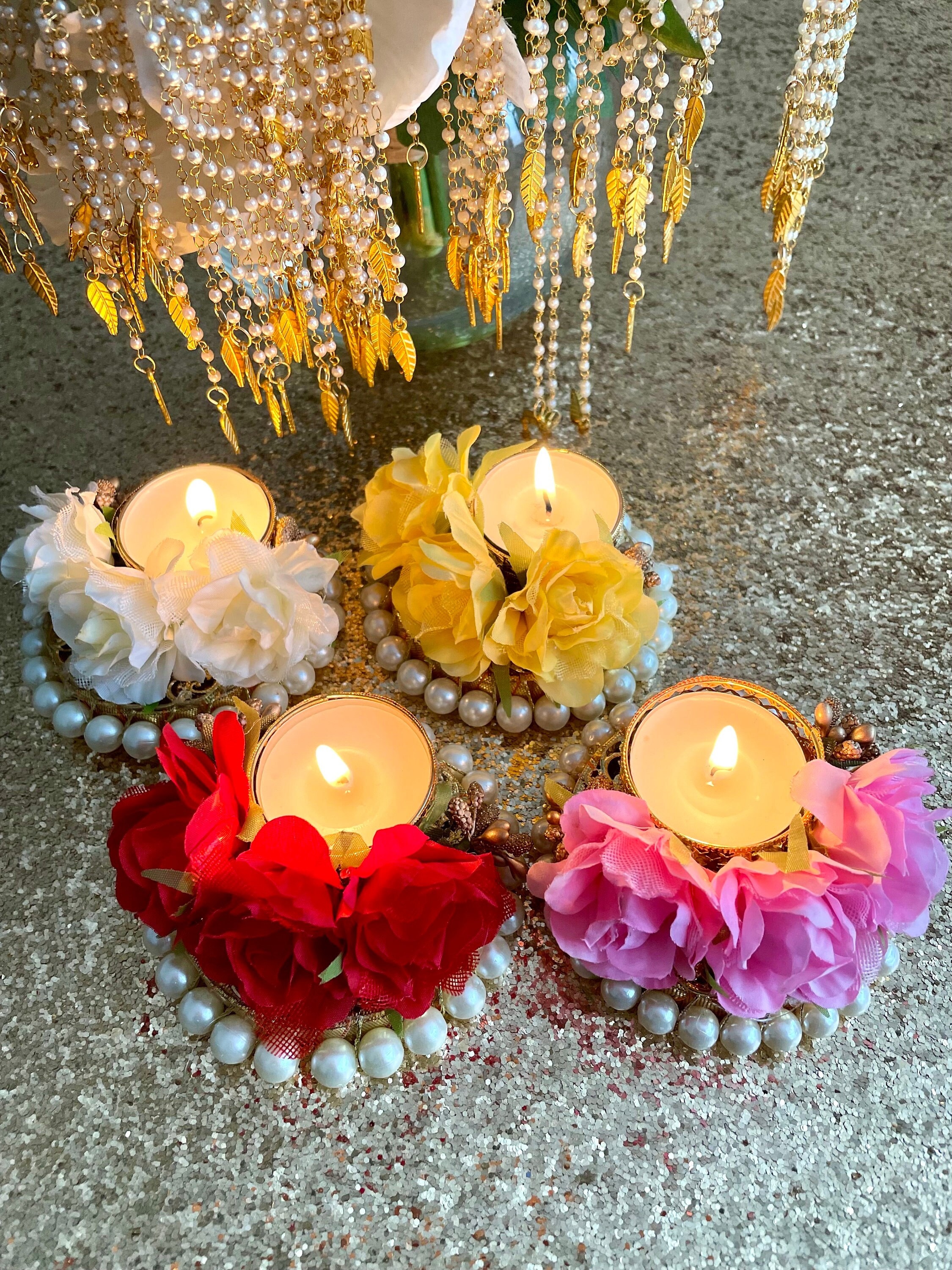 10 X Pearl Flower Tea Light Holders: Diwali Christmas Diva Decor
