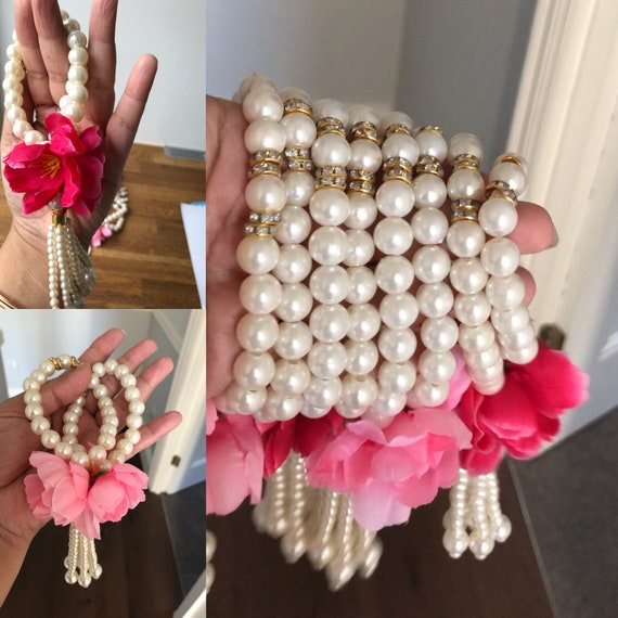 5xPearl and flower bracelets Corsage Gaaney Haathphool Wedding | Etsy