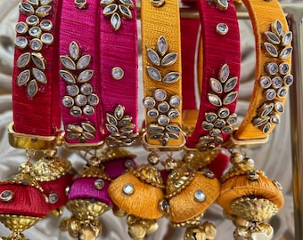 Handmade Silk Thread Multi Bangles Freesize Jewellery Metal Kundan| Wedding Favours| 3 Colours| Jhumki