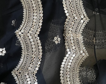Black| Kalaa Net Duppattas scallop Sequin border Scarf Chunni Chunri Foil Mirror Border