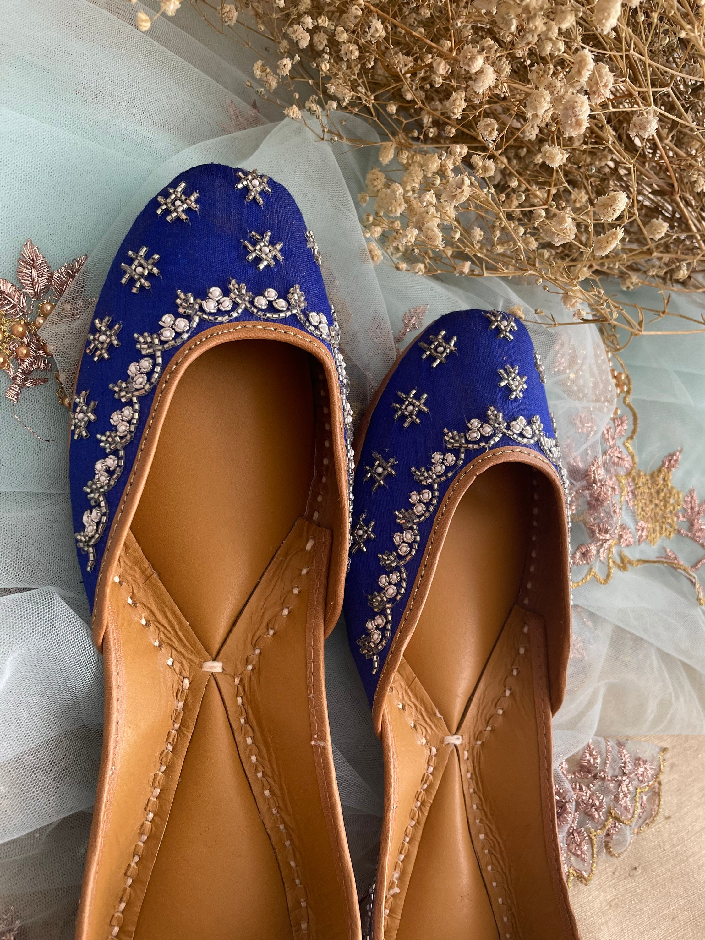Leather Jutti マーメイドブルー Blue Juttis Punjabi Jooti Women Shoes Khussa Embroidered Pumps