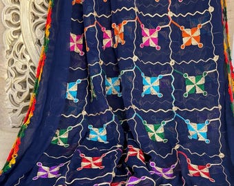 Blue Dark Chiffon Dupatta | Multicolor Embroidered Scarf | Indian Ethnic Dupatta | Lightweight Shawl Phulkari Style