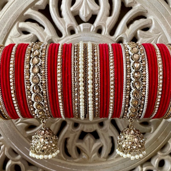 Beautiful Red Velvet Bangles Stack l Set of 50 Bangles l Pearl Kundan Jhumki Kangan l Indian Jewellery Bridal Bangle Stack Wedding