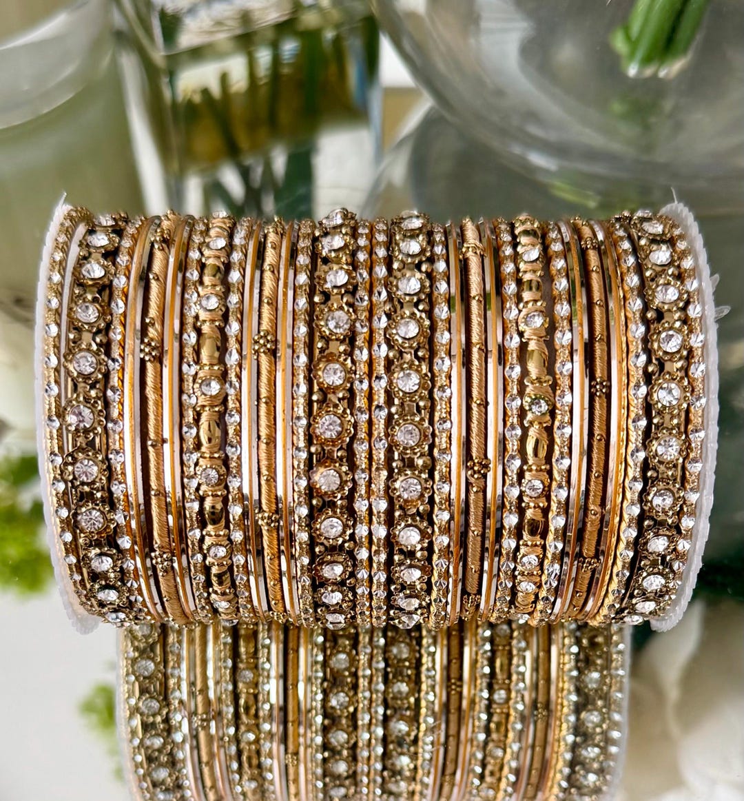 Golden Cream Bangle Stack for Two Hands| Thread Diamante Bangles ...