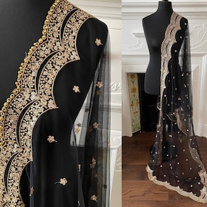 Black Net Dupattas scallop Sequin border Scarf Chunni Chunri Odhni update Salwar Kameez Lehengas Kurtis Festive dressing