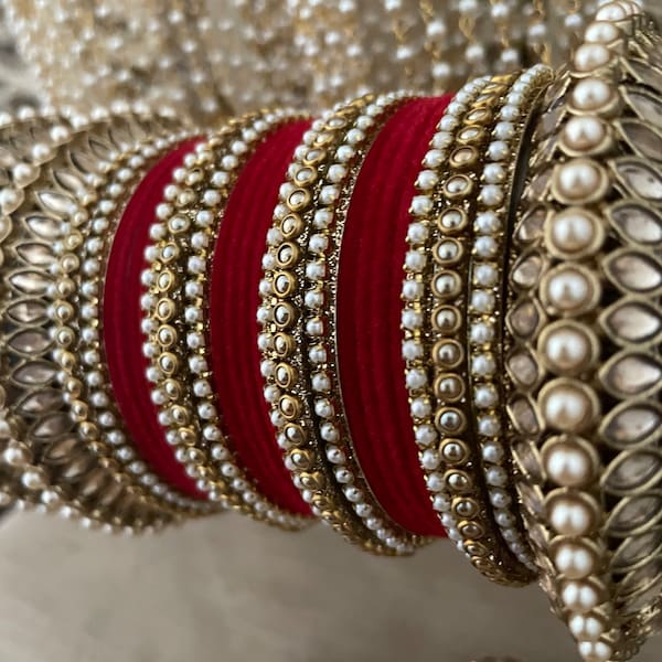 Beautiful Red Velvet Bangles Stack| Kundan Kangan l Indian Jewellery Bridal Bangle Stack Wedding| Choora Style