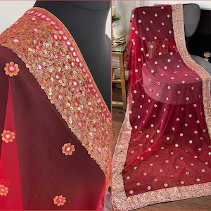Red or Maroon Net Duppattas Broad Sequin faux mirror work border Scarf Chunni Chunri Odhni Weddings Karwachauth  Dressing