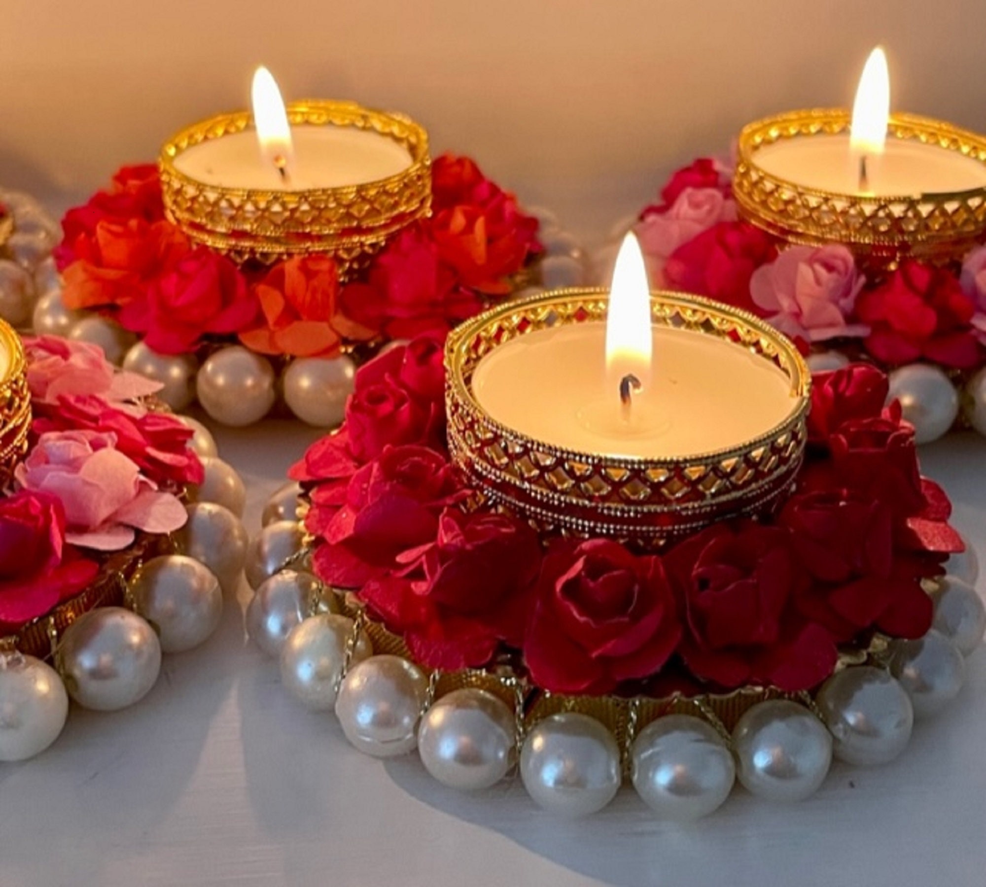 10 X Flower Diwali Christmas Tea Light Candle Holders Pearls Paper