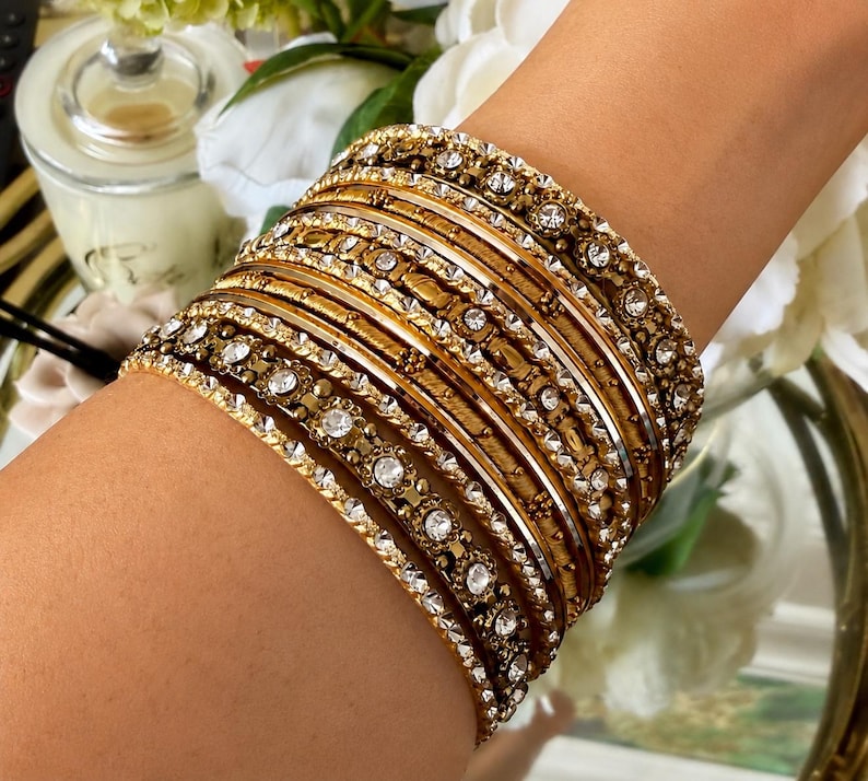 Golden Cream Bangle Stack for Two Hands| Thread Diamante Bangles ...
