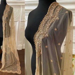 Gold/ Beige Net Duppattas scallop Sequin border Scarf Chunni Chunri Odhni Eid Outfit update Salwar Kameez