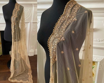 Gold/ Beige Net Duppattas scallop Sequin border Scarf Chunni Chunri Odhni Eid Outfit update Salwar Kameez