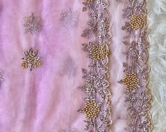 Pinks Net Duppattas Zari Pearl embroidered scallop border Scarf Chunni Chunri Odhni update Salwar Kameez Lehengas Kurtis Weddings Mehendi