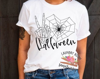 Skeleton Halloween Shirt, Peace Halloween, Spider Web, Mom Shirt, Women’s Halloween Shirt